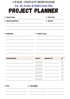 a project planner is shown with the text,'i page - instant printable