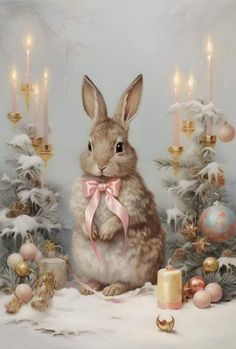 a painting of a rabbit sitting in front of christmas trees with candles and ornaments around it