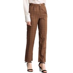 These pants are essential for dressing up or down. Lightweight fabric, covered in a plaid pattern, shapes these trendy trousers with a high-rise fit. How it is a bit high waist and how it gathers at the waist adding shape to the body. You may love everything about these trousers, from their regular fit to the elastic high-waist, which could double as a hiding mechanism for women with love handles. Style these trousers with a crop top and heels for the ultimate look. This fashionable and trendy c Trendy Trousers, Plaid Pants Women, Trendy Trouser, Pants Elastic Waist, Long Trousers, Aesthetic Shoes, Plaid Pants, Work Clothes, Khaki Color