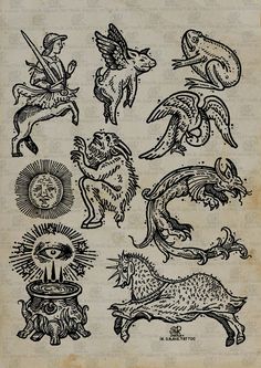 an old book with different types of animals and angels on it's pages, including one