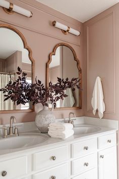 a bathroom with pink walls and two mirrors on the wall, one has a plant in it