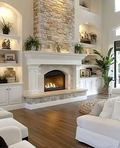 Great Room Fireplace, Minimalist Living Room Ideas, Built In Around Fireplace, Living Room Minimalist, Brick Fireplace Makeover, Room Fireplace, Room Minimalist, Lake Norman, Living Room Decor Fireplace