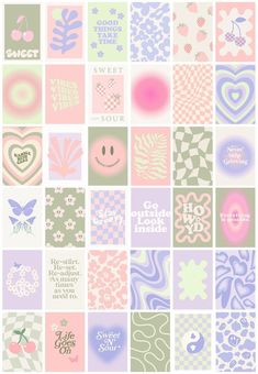 a collage of pastel colors with hearts, flowers, and other things in them