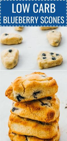 blueberry cookies stacked on top of each other with text overlay that reads how to make low carb blueberry scones