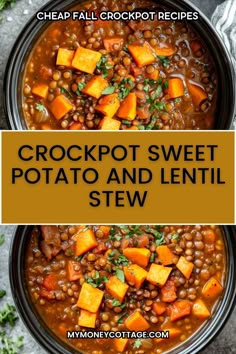 crockpot sweet potato and lentil stew in a bowl with the title above it