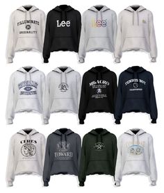 a bunch of hoodies that are all different colors and logos on the same sweatshirt