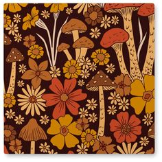 an image of mushrooms and flowers on a brown background that is very similar to the same pattern