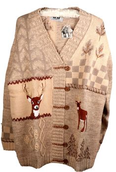 Storybook Knits Large V-Neck Multi-Brown &Tan Cardigan Deer Sweater New with tags Still in the cellophane bag, only removed for photos, never worn shoulder to shoulder 19" Chest 23 1/2" Length 27 1/2" Hem 22" Sleeve 22" In mint condition, packed away for years This is part of my late sister's clothing collection Deer Clothes, Y2k V-neck Fall Sweater, Tan Cardigan Outfit, Brown Knit V-neck Sweater With Long Sleeves, Elegant Brown V-neck Sweater, Brown Knitted V-neck Cardigan, Cozy Brown Knit V-neck Sweater, Deer Outfit, Tan Cardigan