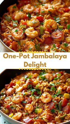 one pot jambaalaya with shrimp and vegetables in a skillet before and after it is cooked