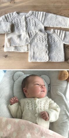 a baby laying on top of a bed next to some knitted items