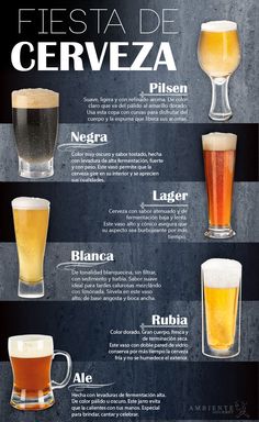 a poster with different types of beer on it's sides and the names in spanish