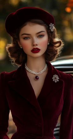 Elegant Retro Outfits, The Queen Archetype Outfits, Classy Vintage Photoshoot Ideas, Bangs Hairstyles Black Women, 1950 Fashion Women Classy, Italian Outfit Aesthetic, Women Short Curly Hairstyles, Hairstyles With Bangs Black Women, Burgundy Hat Outfit