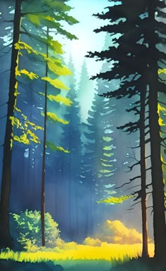 a painting of trees and grass in the middle of a forest with sun shining through them