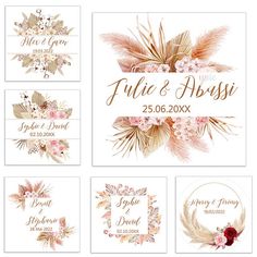 four wedding stickers with flowers and leaves on the front, two for each one