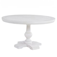 a white table with two pedestals on the top and one at the base, against a white background