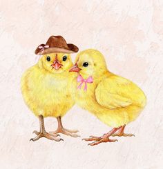 two yellow chickens with hats on their heads and one is holding the other's head