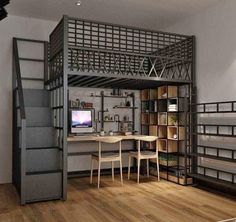 a loft bed with desk underneath it and stairs leading up to the upper floor area