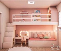 a bedroom with a bunk bed, desk and stairs