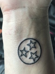 a small wrist tattoo with five stars on it