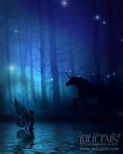 an image of a fairy scene with a horse in the woods at night and stars above