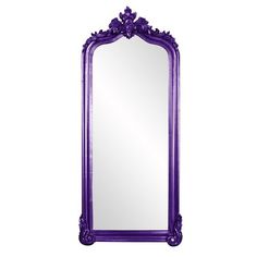 a large purple mirror with an ornate frame on the top and bottom edge, in front of a white background