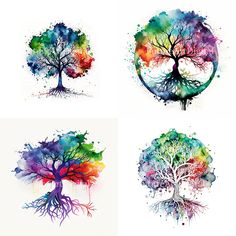 four watercolor trees with different colors