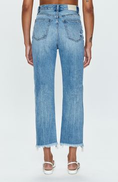 These closet-staple nonstretch-denim jeans are designed with a high waist and sparse distressing. 26" inseam; 17" leg opening; 13" front rise; 16" back rise (size 29) 100% cotton Machine wash, tumble dry Imported Cutoff Denim Jeans For Fall, Fall Cutoff Denim Cropped Jeans, Fall Cutoff Denim Jeans, Dark Wash High Rise Jeans With Frayed Hem, High Rise Dark Wash Cropped Jeans With Frayed Hem, Everyday High Rise Distressed Jeans, Fall Denim Blue Cutoff Jeans, Mid-rise Flare Jeans With Frayed Hem, Distressed Mid-rise Cropped Jeans For Everyday