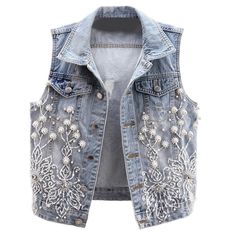 Beaded Denim, Waistcoat Fashion, Womens Denim Vest, Denim Waistcoat, Jeans West, Lace Coat, Sleeveless Coat, Gilet Long, Fall Jeans