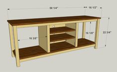 the plans for an entertainment center table with shelves and shelving units are shown in three different sizes