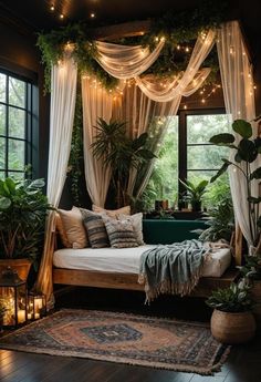 a bedroom with lots of plants and lights on the windows sill, bed in foreground