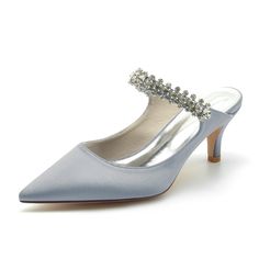 Shop Ivory Satin Jeweled Mules Heels Backout Kitten Heel Pumps color Ivory for Anniversary, Dancing Club, Date, Wedding, Work with worldwide Free shipping & Free return.