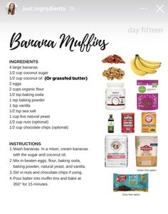 the ingredients for banana muffins are shown in this recipe card, which includes bananas and granola