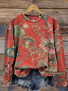 Cotton Floral Print Fall Sweater, Fall Cotton Floral Print Sweater, Fall Cotton Sweater With Floral Print, Cotton Floral Print Sweater For Fall, Casual Printed Sweatshirt For Fall, Casual Long Sleeve Patterned Sweater, Multicolor Long Sleeve Cotton Sweatshirt, Multicolor Printed Long Sleeve Sweater, Floral Print Long Sleeve Sweatshirt For Fall