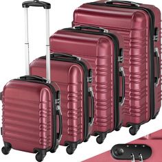 three piece luggage set with wheels and handles in metallic red, black and silver colors