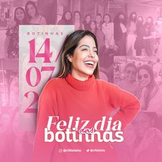 a woman smiling in front of a pink background with the words feliz dia botanas on it