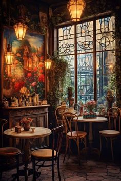 an old fashioned restaurant with tables and chairs in front of large windows that look out onto the street