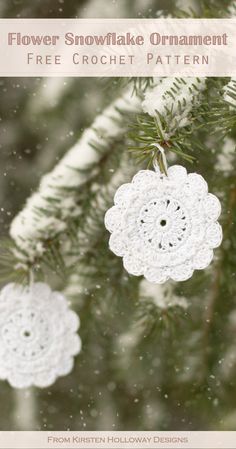 crochet snowflake ornament hanging from a pine tree with text overlay that reads, flower snowflake ornament free crochet pattern