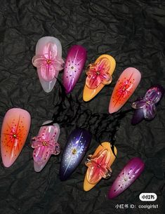 Creative Summer Nails, Tiger Lily Nails, Japanese Art Nails, 4d Nail Art Design, Mismatched Aesthetic, Latin Nails, Gemini Nails, Mismatched Nails, Runway Nails