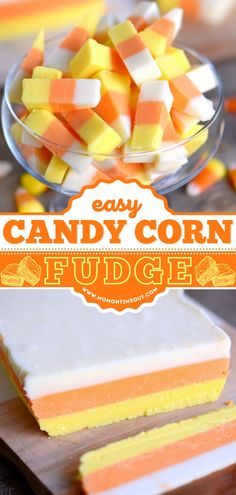 EASY CANDY CORN FUDGE, halloween treats, desserts Candy Corn Fudge Recipe, Halloween Candy Recipes, Candy Corn Recipe, Easy Fudge Recipe, Creamy Fudge, Halloween Cookie Recipes