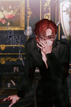 an anime character with red hair sitting in front of a wall and holding his hand to his face