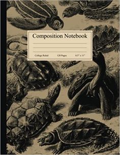 the composition notebook is filled with turtles and other animals