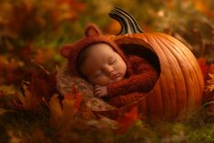 a baby is sleeping in a pumpkin shaped basket on the ground with leaves around it