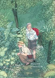 an older man and young boy are in the woods