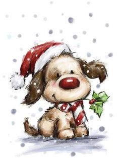 a drawing of a dog wearing a santa hat and holding a holly berry ornament