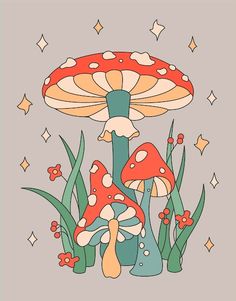 two mushrooms in the grass on a gray background with stars and sparkles around them