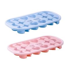 two ice trays with hearts on them, one is pink and the other is blue