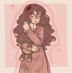 a drawing of a girl holding a teddy bear in her arms and looking at the camera