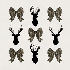 six deer heads with bows are shown in black and brown plaid patterns on a white background