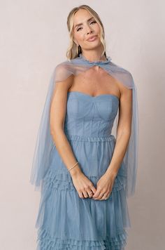 Color: French Blue Cape Tulle Dress, Ruffle Cape Dress, No Sew Tulle Cape, Sheer Cape, Tulle Cape, Tulle Dresses, Wedding Parties Colors, The Hollow, Bridesmaid Dress Colors