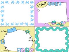 four different frames with snowflakes on them and the words start, end, and second